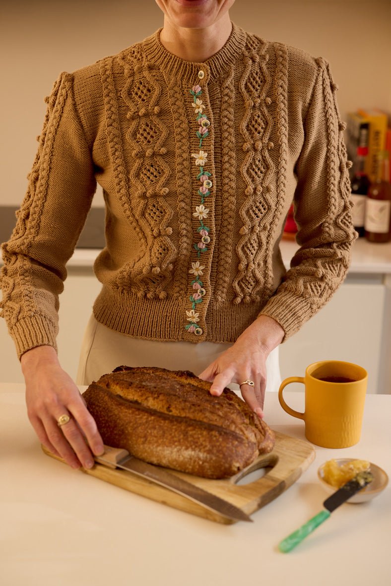 handknitted camel merino wool cardigan with embroidered placket