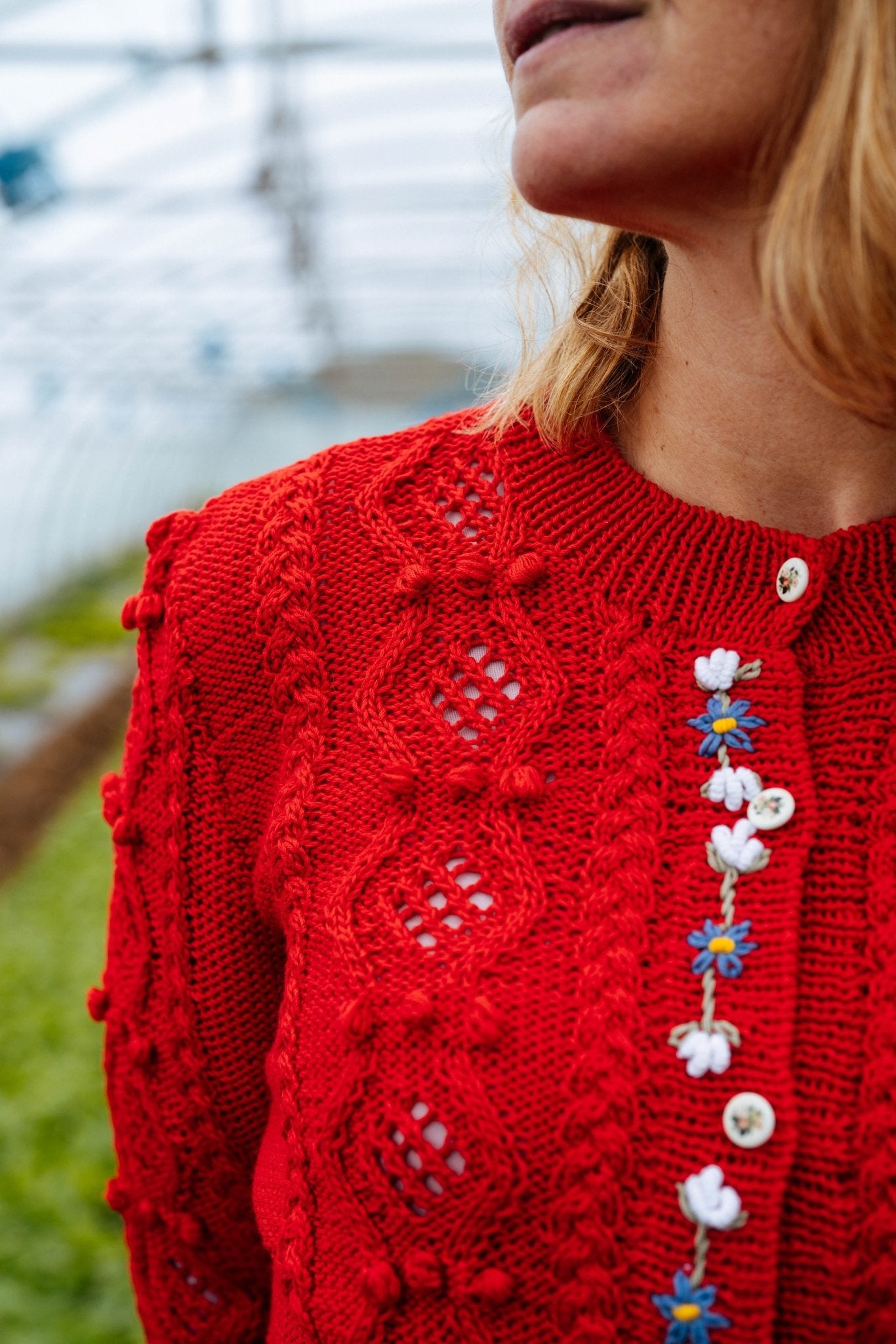 Coquelicot Red Cotton Thekla Cardigan | Hand-Knitted Alpine Knit