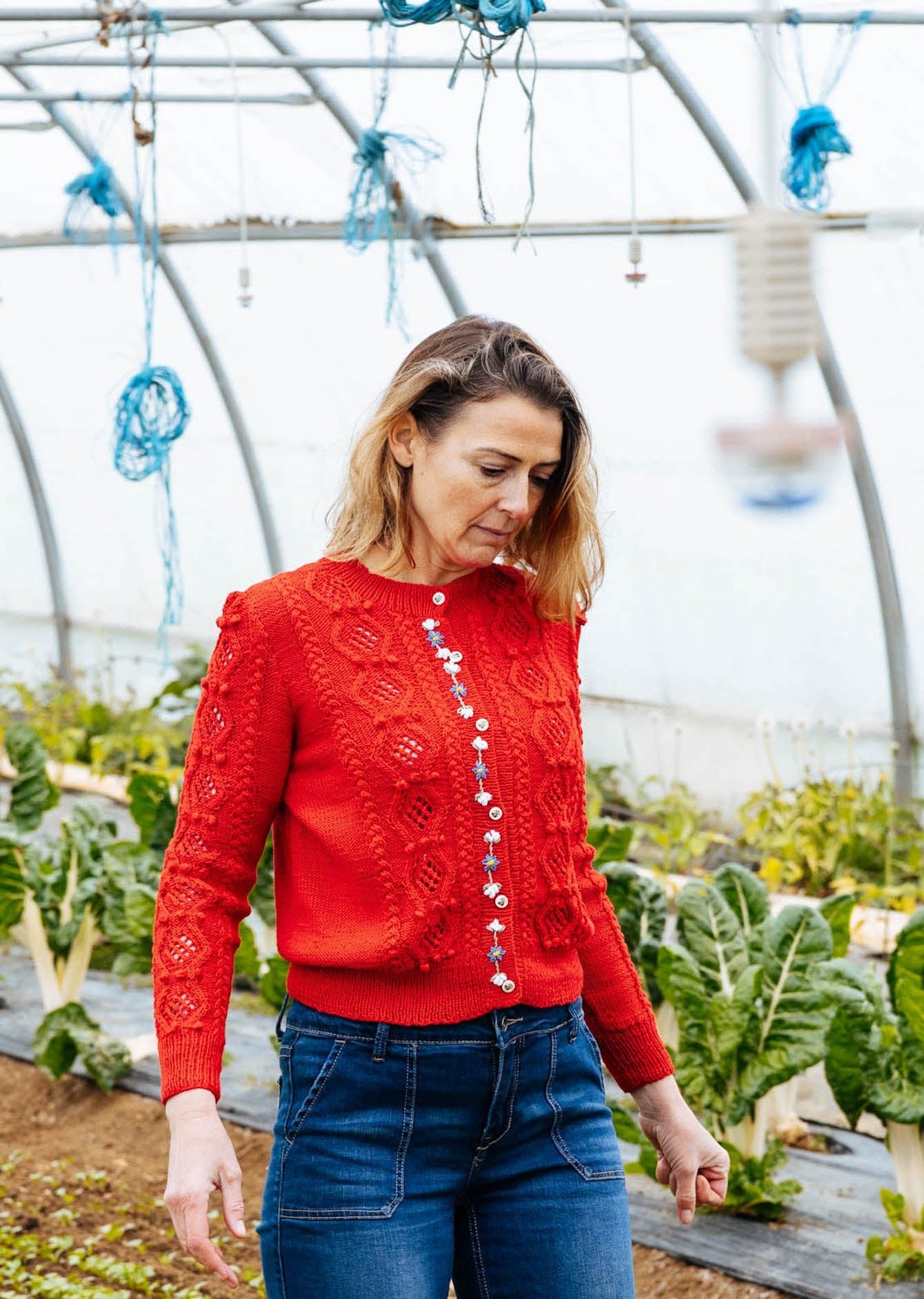 Thekla Cardigan Coquelicot Red Organic Cotton | Hand - Knitted Alpine Knit - MICHAELA BUERGER