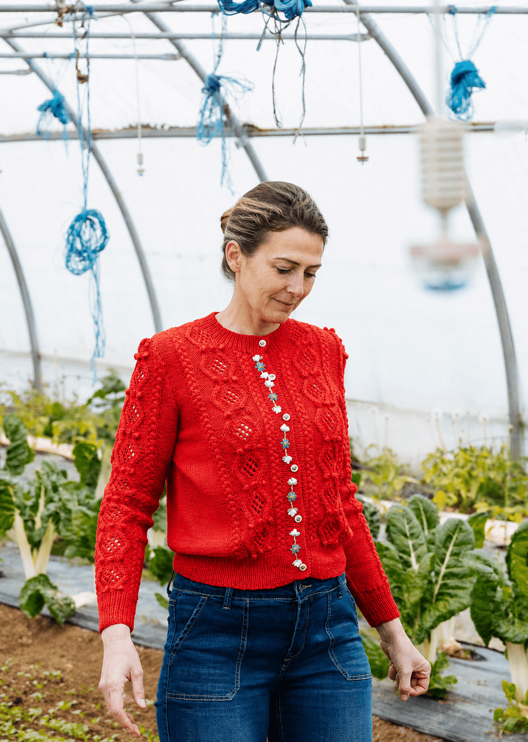 Coquelicot Red Cotton Thekla Cardigan | Hand-Knitted Alpine Knit Coquelicot Red Cotton Thekla Cardigan | Hand-Knitted Alpine Knit