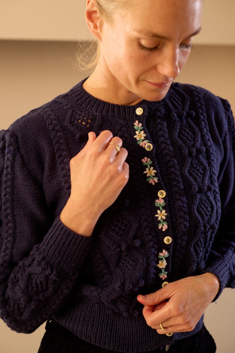 dark blue handknit cardigan alpine style