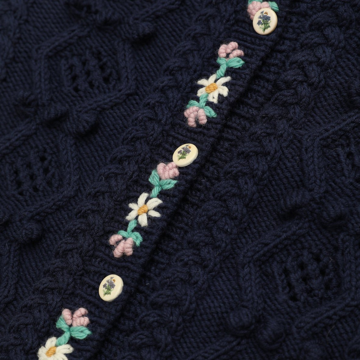 blue merino wool cardigan embroidered detail